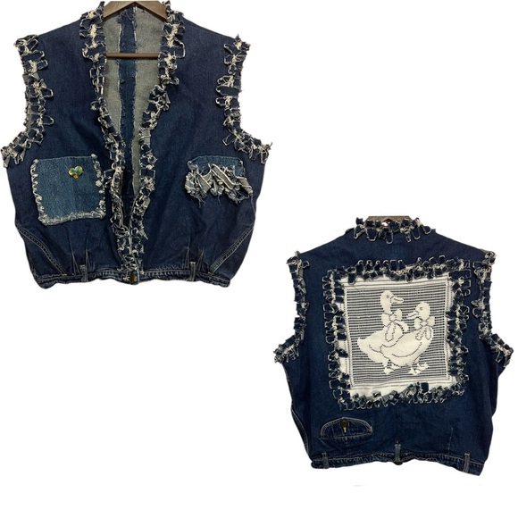 Upcycled Frayed Edges Denim Vest W/Duck. Size L - Picture 1 of 7